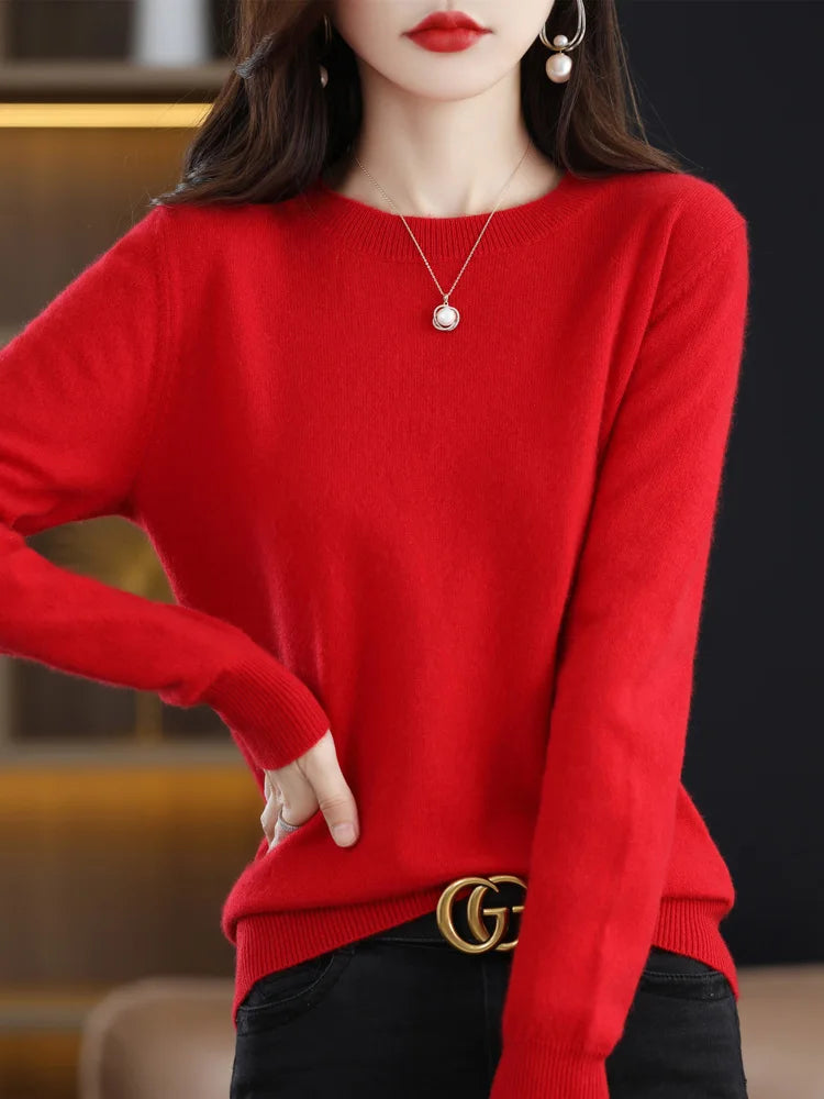 Women 100% Merino Wool Sweater O-Neck Long Sleeve Cashmere Knitwear Pullover Aliselect Fashion Autumn Winter Clothing Tops