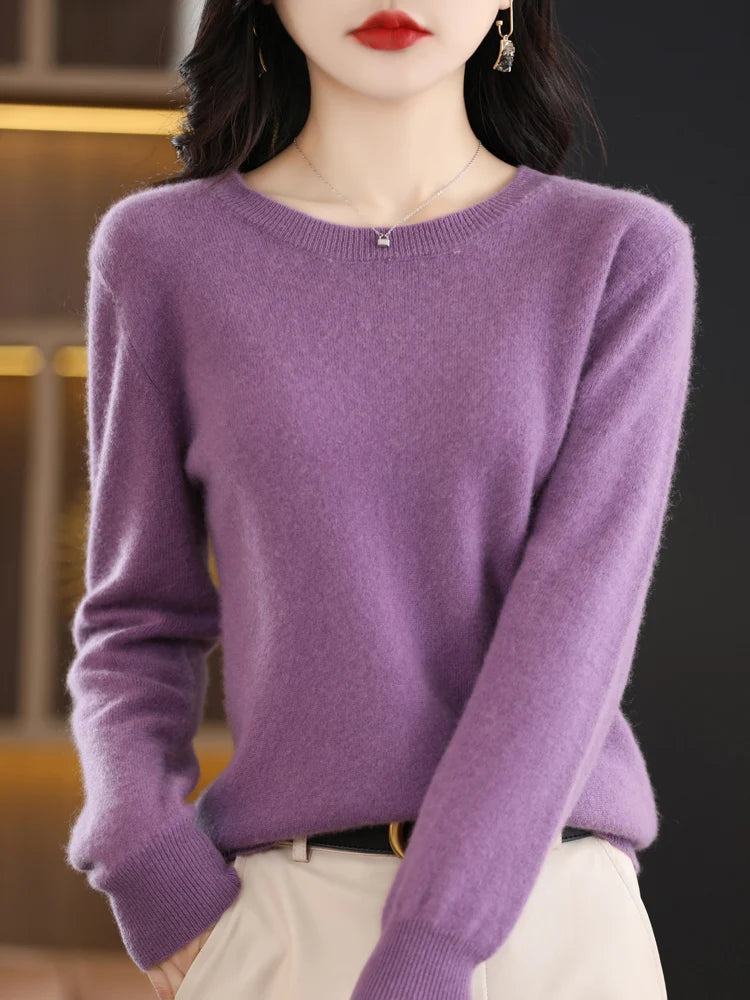Women 100% Merino Wool Sweater O-Neck Long Sleeve Cashmere Knitwear Pullover Aliselect Fashion Autumn Winter Clothing Tops