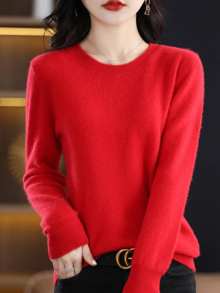 Women 100% Merino Wool Sweater O-Neck Long Sleeve Cashmere Knitwear Pullover Aliselect Fashion Autumn Winter Clothing Tops
