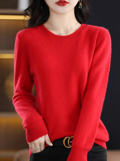 Women 100% Merino Wool Sweater O-Neck Long Sleeve Cashmere Knitwear Pullover Aliselect Fashion Autumn Winter Clothing Tops