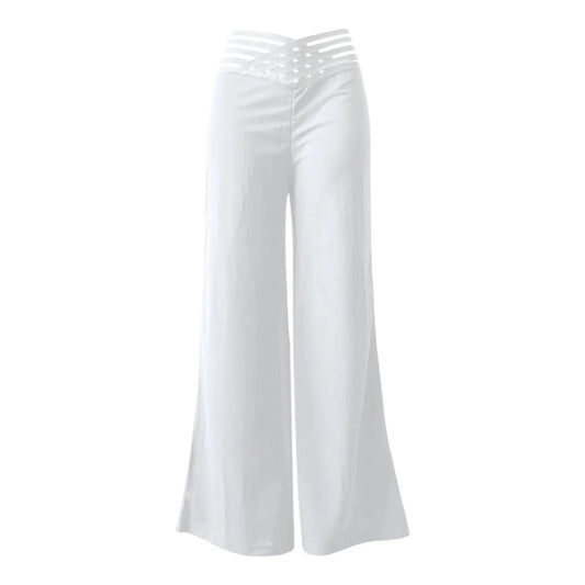 Women Wide Leg Flared Pants Autumn Casual Crisscross Sheer Mesh Patch High Waist Trousers Y2k Streetwear Elegant Work Pant